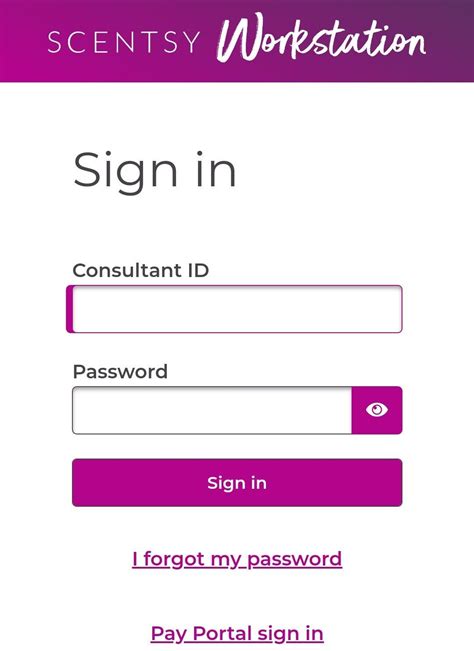 Visit the Scentsy Pay portal at www.scentsypay.com. Just as you did during the Scentsy Workstation login process, enter your Consultant ID and password in the appropriate fields. When you click the purple “Sign In” button, you will be taken to your Scentsy Pay Portal account. To activate the Pay Portal, which is a necessary step after .... 