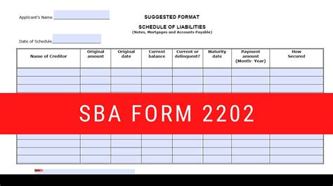 Schedule Of Liabilities (SBA Form 2202) - Fill