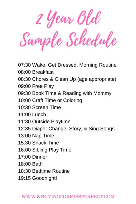 Schedules for 2 year olds. If you are considering enrolling your child in daycare, here’s an example of a schedule your two-year-old child may have. Morning. 9:00 AM – Arrival and breakfast … 