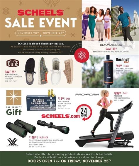 Scheels Black Friday Hours: Thanksgiving Day – stores will be closed, but they will open on Friday at 7 a.m. Scheels Cyber Monday Deals 2023 Check out the Scheels Cyber Monday Deals 2023 available to shop from Sunday, November 2t thru Monday, November 27, and save with this year online only sporting goods deals..