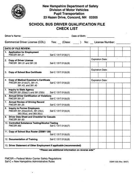 School Bus Driver Qualification File Checklists Nh Fill and Sign