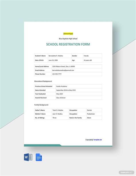 School Registration Form Template in Word, Google Docs Download