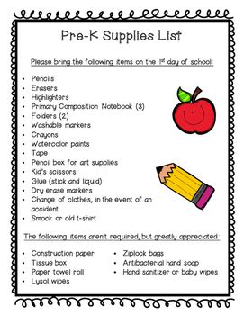 School Supply Lists / Pre-K Supply List