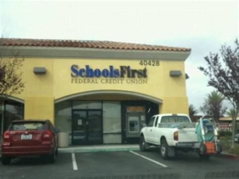 SchoolsFirst Federal Credit Union - Murrieta Claim Business. 4.7 Google Review. Direction Bookmark. 40428 Murrieta Hot Springs Rd #101, Murrieta, California, 92563, United States (800) 462-8328 www.schoolsfirstfcu.org. Update Business Info | Add Verified Info. Read our review guideline ...