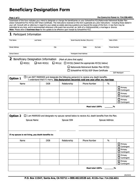 SchoolsFirst FCU Beneficiary Designation Form 20192022 Fill and Sign
