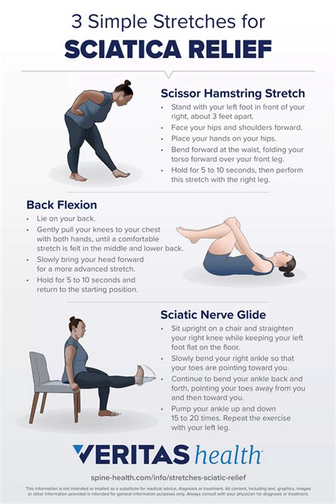 Sciatic nerve stretches. Pull the affected leg’s knee up to the opposite shoulder, twisting your torso for a deep stretch. You should feel the stretch in your glute. Sciatic nerve floss. To do this, stay sitting on the ... 