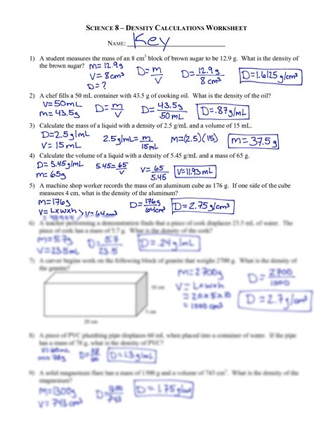 Science 8 Density Calculations Worksheet Answer Key Uncategorized