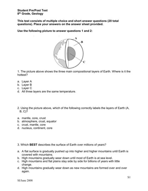 Science Pre And Post Test 8th Grade