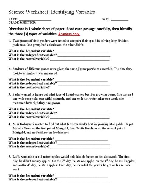 Science Worksheet: Identifying Variables PDF Worksheets Library