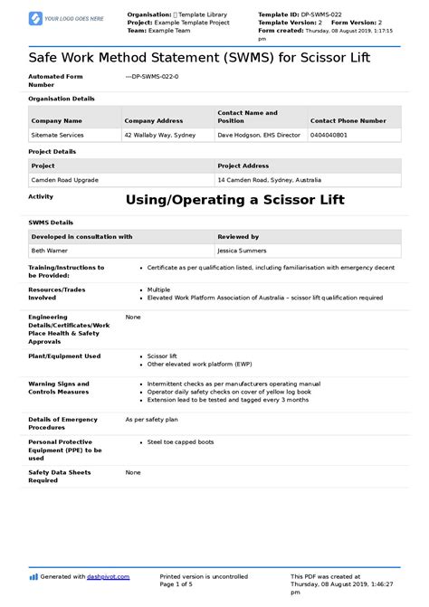 Scissor Lift Method Statement Sample