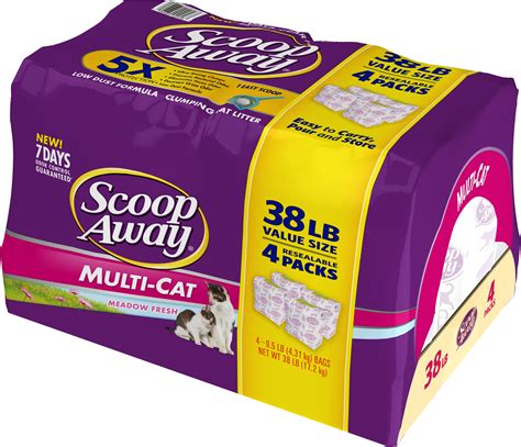 Scoop away litter. Scoop Away Multi-Cat Scented Cat Litter is specially formulated to handle even the busiest litter box odors for 7 days guaranteed and leaves behind a light Meadow Fresh scent that isnt overpowering. This ultra strong clumping clay is a dust free scooping litter that forms tight clumps to make dealing with the cat box fast and easy. 