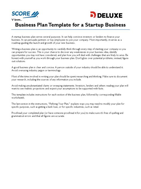 Score Startup Business Plan Template