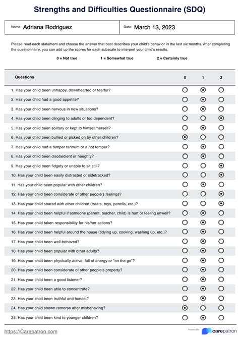 Scoring strengths and difficulties questionnaire. Abstract. Aim: The aim of this study was to report normative data for the parent-reported Strengths and Difficulties Questionnaire (SDQ) from a large population cohort of young children aged 4-6 years from Victoria, Australia, to establish age- and sex-specific cut-off values for future use, and to determine the scale reliability of the SDQ for ... 