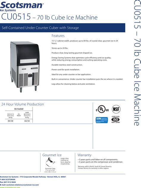 Scotsman Cu0515 Specification Sheet