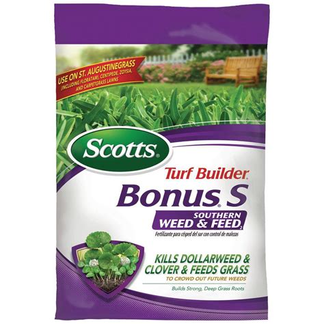 Scotts bonus s weed and feed. One 34.48 lb. bag of Scotts® Turf Builder® Bonus® S Southern Weed & FeedF2 covers 10,000 sq. ft. Bonus S weed killer plus fertilizer kills listed weeds and thickens grass to help prevent runoff Controls dollarweed, clover, dandelion, chickweed, and other existing weeds as listed 