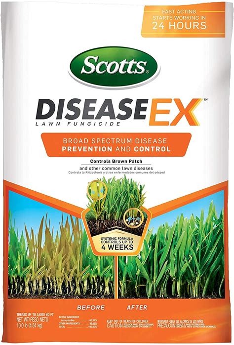 Scotts disease ex. Original Author. 5 years ago. DiseaeEx I bought came in a 10# bag w/ azoxystrobin at 0.31% AI. 10 # x 0.0031 = 0.031 # of Azoxystrobin per bag. According to Scott’s, the 10 # bag of product will cover about 5000 sq ft at the preventative rate. The preventative rate is 2# of product per 1000 as ft. 