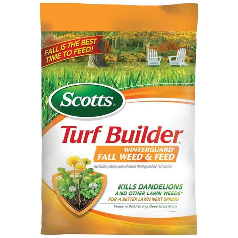 Scotts fall fertilizer. Fall weed and feed builds a better lawn next spring; Controls clover, dandelion, plantain, and other listed weeds; Feeds grass to build strong, deep roots; About This Product. Treat weeds and feed your lawn with Scotts Turf Builder WinterGuard Fall Weed & Feed3 in the fall for a better lawn next spring. This weed killer plus lawn fertilizer ... 