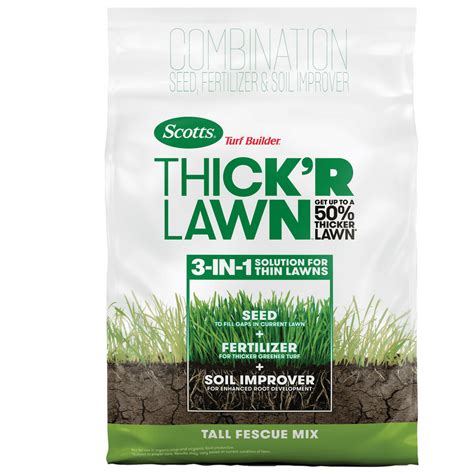Scotts thickr lawn. Product Details. Scotts Turf Builder Thick'R Lawn Sun and Shade has everything you need to help turn weak, thin grass into a thick, green lawn. with this 3-in-1 solution get up to a 50% thicker lawn with just one application (subject to proper care)! Thick'R Lawn contains soil improver for enhanced root development, seed to fill gaps with new ... 