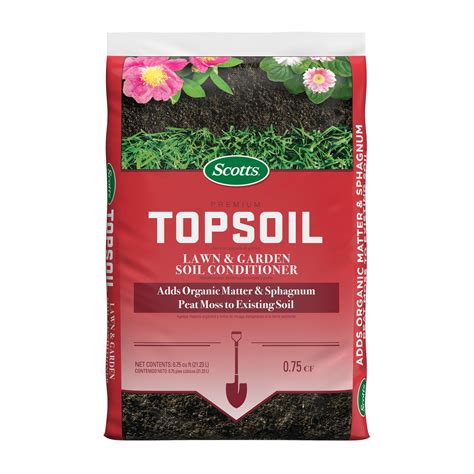 Scotts topsoil. Product Details. Scotts Premium Topsoil contains sphagnum peat moss and organic matter to condition the soil in your lawn or garden. Use it as a top dressing to maintain your garden or as a conditioner when establishing a new garden. For in-ground use only. For conditioning the soil in your lawn or garden. 