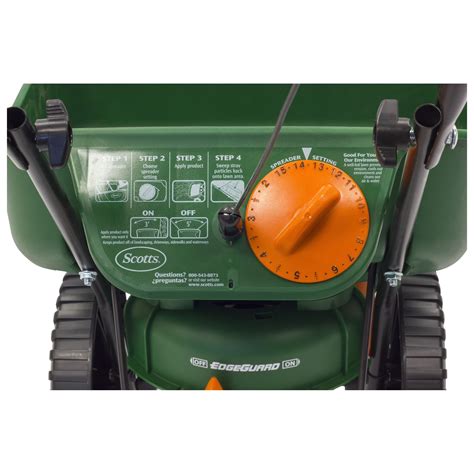 The Edgeguard Mini can hold up to 5,000 square feet of lawn products, like fertilizer and seed. With dial settings from 2 to 15, this broadcast spreader can handle a wide range of different sized products. When applying grass seed for a new lawn, or repairing bare spots, set the orange dial to 13. For overseeding applications, set the dial to 7 ... .