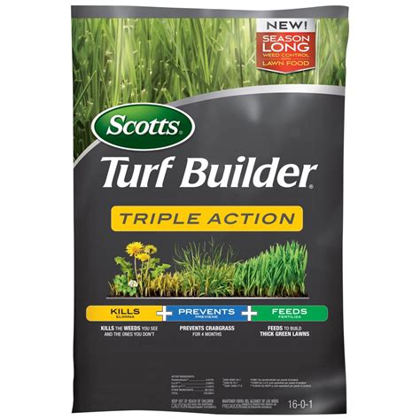 Scotts turf builder triple action. Scotts Turf Builder Triple Action provides 3 benefits in one bag; it kills weeds, including dandelions and clover, prevents future weeds like crabgrass and other grassy weeds, all while feeding, fertilizing, and strengthening your lawn. This innovative formula works all season long to stop crabgrass for up to 4 months while building a thick ... 