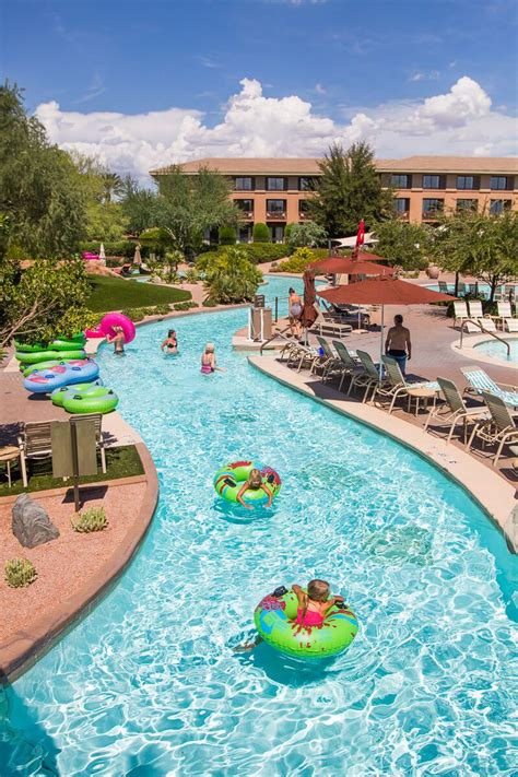 Scottsdale arizona family resorts. The JW Marriott Desert Ridge has a lazy river. The Four Seasons has a great kids program but no lazy river. Squaw Peak and Arizona Grand in Phoenix also have a lazy rivers if you are open to somewhere other than Scottsdale. Most of the family oriented resorts have slides but only a couple have lazy rivers. 