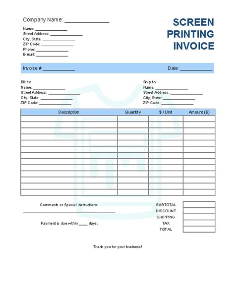 Screen Printing Invoice Template