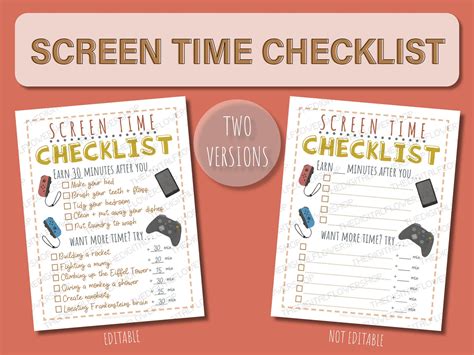 Screen Time Checklist EDITABLE PRINTABLE Screen Time Etsy