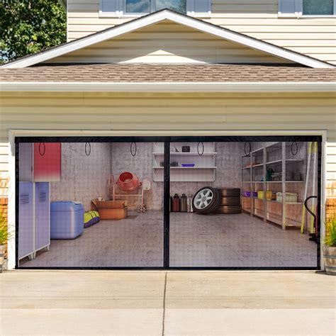 Screen door for the garage. Garage Door Screens. Internet # 319138652. Model # FEN 93010. Store SKU # 1007109581. Fenestrelle. 16 ft. x 7 ft. Two Car Roll-Up Garage Door Screen with Magnetic Closure 