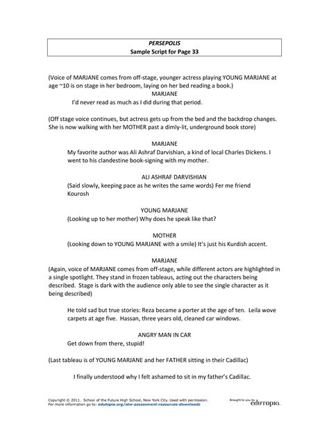 Screenplay examples. In other words, the transition would begin 2.5 inches from the right edge (on paper 8.5 inches wide). It’s also acceptable for a transition to be right justified at the right margin: Format your screenplay with this guide, compiled by Michael Ray Brown, one of Hollywood's top script doctors. These rules pertain to transitional instructions. 