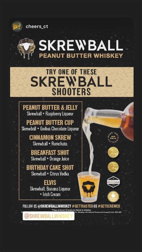 Screwball shot. 1 Servings. Ingredients. 1.5 oz Skrewball Peanut Butter Whiskey. 0.75 oz Rye Whiskey. 4 Dashes of Angostura Bitters. 1 Luxardo maraschino cherry, for garnish. … 