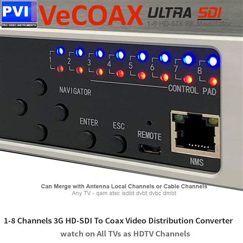 6x 3G HD-SDI to COAX HD RF Modulator To Channels with IP WEB Remote Control. Real Time Live Distribution, 480i / 720p / 1080i / 1080p Full HD Encoder Modulator, Dolby AC3 Audio Encoding. QAM, ATSC, DVB-T, ISDB-T, DVB-C, DMBT Modulation Selectable From Color Display, One-Click setup.. 