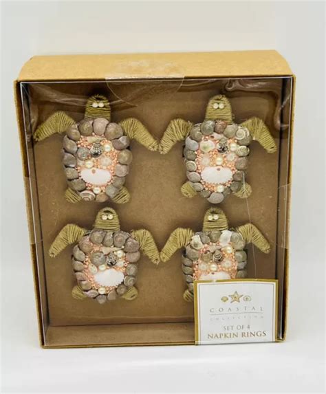 Sea Turtle Beaded Shell Jute Napkin Rings Holders Set of 4 New …