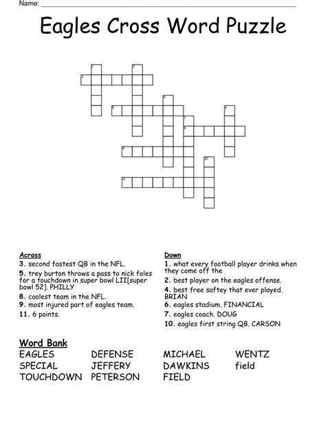 Seacoast eagle crossword clue. The Crossword Solver found 30 answers to "eagle", 14 letters crossword clue. The Crossword Solver finds answers to classic crosswords and cryptic crossword puzzles. Enter the length or pattern for better results. Click the answer to find similar crossword clues . Enter a Crossword Clue. 