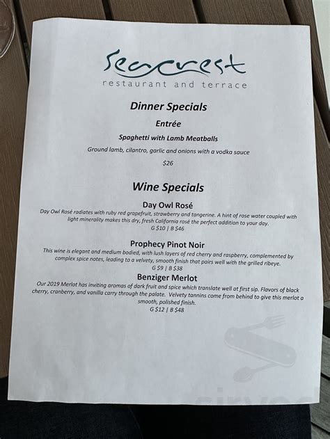 Dive into the menu of Seacrest Restaurant and Terrace in Hilton Head Island, SC right here on Sirved. Get a sneak peek of your next meal.. 