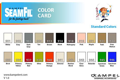 Seamfil color chart. Kampel Enterprises, Inc. 914 SeamFil Laminate Repairer, Black, 1.0 oz Tube. 1-855-993-4968 (Toll-free) Coupons and Savings. Welcome visitor you can ... NOTE: One-part system is a solid color, does not have any variation of color within the tube for patterns or woodgrain effects . Related Products. Select : Product Name: SKU: Manufacturer's Part ... 