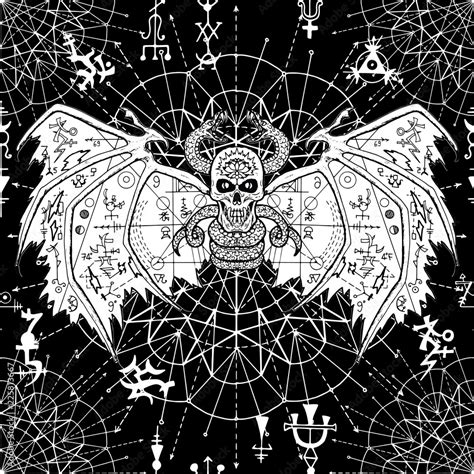 Seamless Pattern with Evil Demon and Mystic Geometric Symbols on Black
