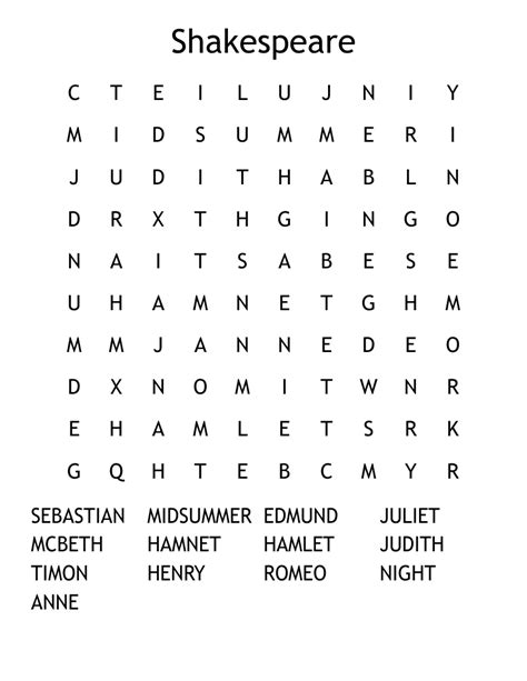 Search For Shakespeare Word Search WordMint