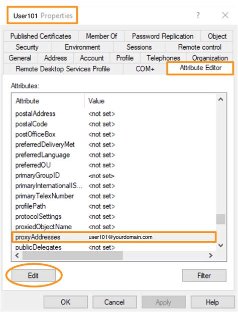 Search proxy address active directory.  Select proxyAddresses, then click the Ed...