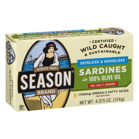 Season brand sardines. season brand sardines in water take your recipes to the next level. whip up a batch of sardine soup, make sardine stroganoff for dinner, or enjoy a sardine salad at lunchtime. these sardines come in bpa-free can with an easy pull tab to make life easier. one can contains 4.375 oz. of wild-caught sardines in water. 