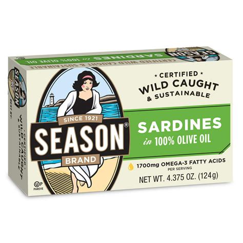 Season sardines. The Season Sardines in Pure Olive Oil with Added Salt is a high-quality seafood product that comes in a convenient case of 12 cans, each containing 4.375 oz of sardines. The addition of salt further enhances the taste and preserves the freshness of the sardines. These sardines are sourced from the finest quality fish and are carefully processed ... 