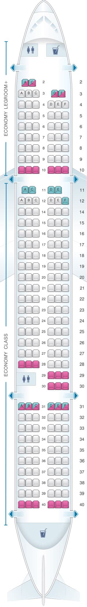 Seat map of the Airbus A320 (320) All 177 seats of the airplane are the seats of economy class. This aircraft offers 18 seats that are designated as legroom + seats. These are the seats 1DEF, 2ABC and the seats of the 12th and 14th row. To reserve these seats an additional fee must be paid.. 