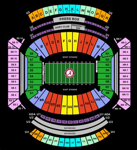 Seating chart for bryant denny stadium tuscaloosa alabama. Check out the football schedule at the Bryant-Denny Stadium in 2023/2024. Use our interactive seating charts to craft your perfect experience. ... 920 Paul W. Bryant Drive, Tuscaloosa, AL, US. Tickets; Nov. 04. Sat. 2023. 3:30 AM. Alabama Crimson Tide vs. LSU Tigers VIP Packages. 