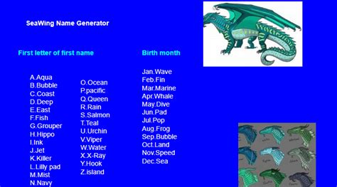 Seawing name generator. Sea Creature Name Generator. This sea creature name generator will help you come up with all sorts of names for all sorts of sea creatures, from octopuses to fantasy fish. Just enter a few keywords and you’ll be presented with a list of sea creature names to choose from. Whether you’re looking for names of sea creatures for a story, game ... 