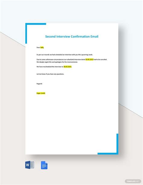 Second Interview Confirmation Email Template in Word, Google Docs