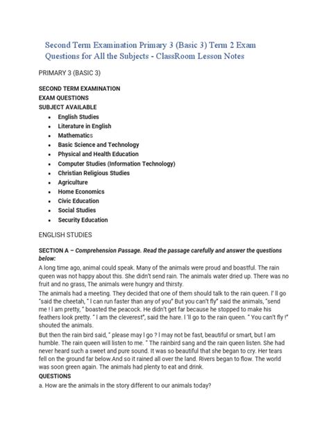 Second term examination questions for primary 3 term 2.  Islamic Religious Prima...