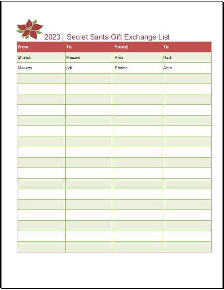 Secret Santa Gift Exchange List Template For Excel