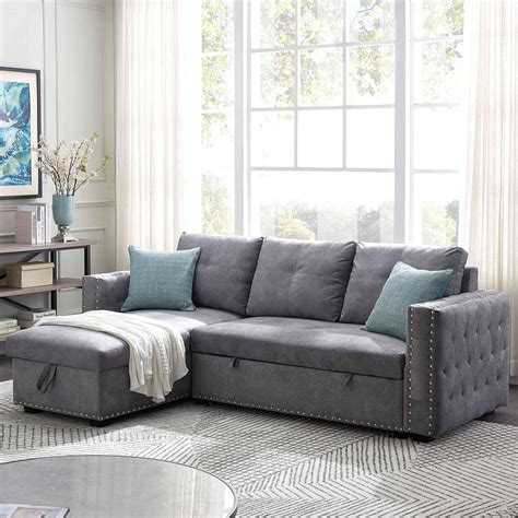 Sectional sleeper with storage. Lilola Home Lucca Reversible Sectional Sofa Couch, Storage Chaise, Pull Out Sleeper, L-Shape Lounge, Steel Gray, Linen; BOWERY HILL Steel Gray Linen Reversible/Sectional Sleeper Sofa with Storage for Small Space; Price: $849.99, Item Number: 1356688. 