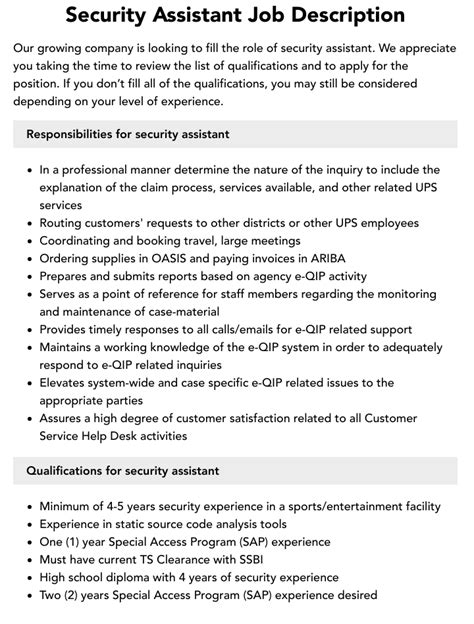 Security Assistant Job Description Velvet Jobs