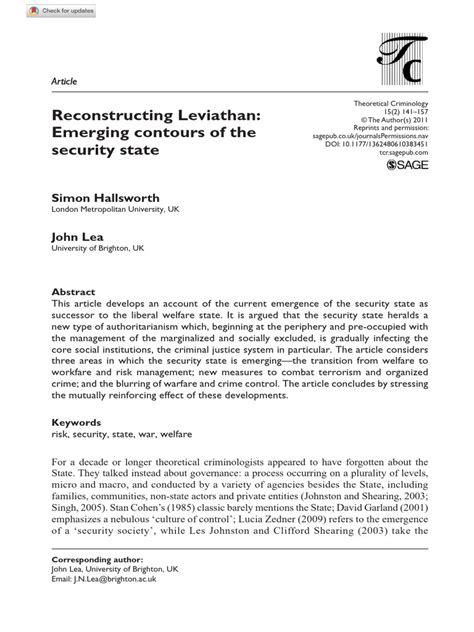Security State: From Leviathan to the State of Law, from State of.
